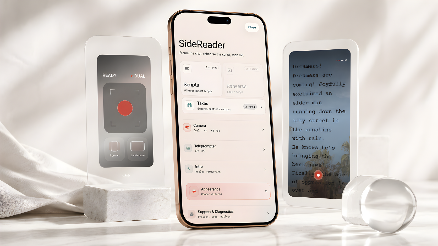 SideReader presented across three studio phone displays with tools, capture, and teleprompter views.