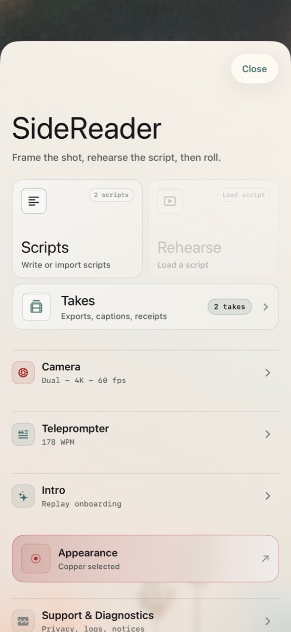 SideReader tools screen showing scripts, takes, camera, teleprompter, appearance, and diagnostics settings.